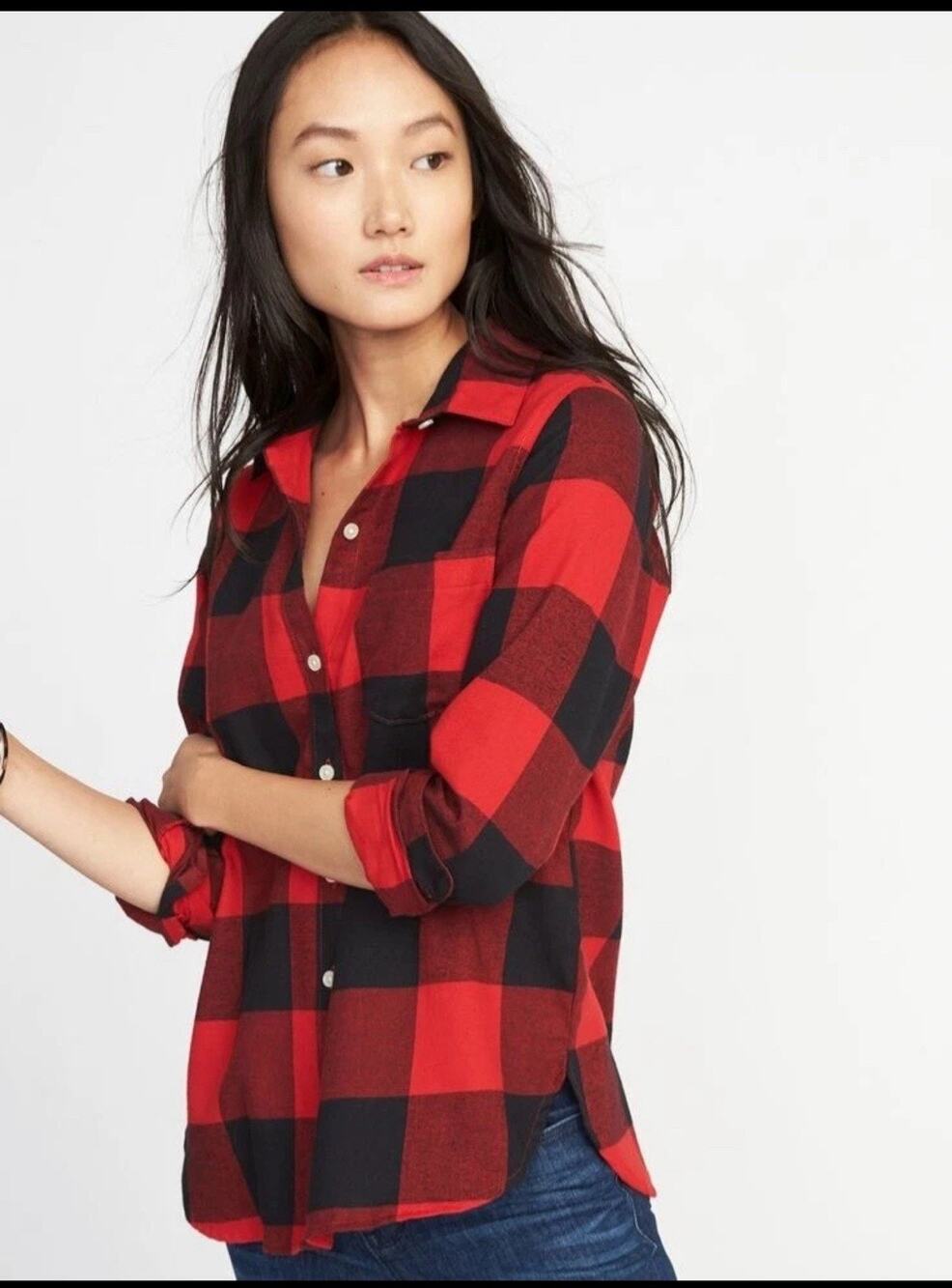 Old Navy Women’s Small Flannel Black Red Buffalo Checked Plaid Shirt Button Up